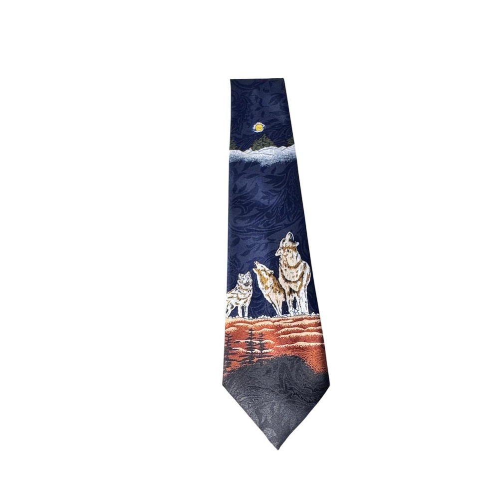 Mens Wolf Howling Moon Necktie Novelty Blue Forest Landscape